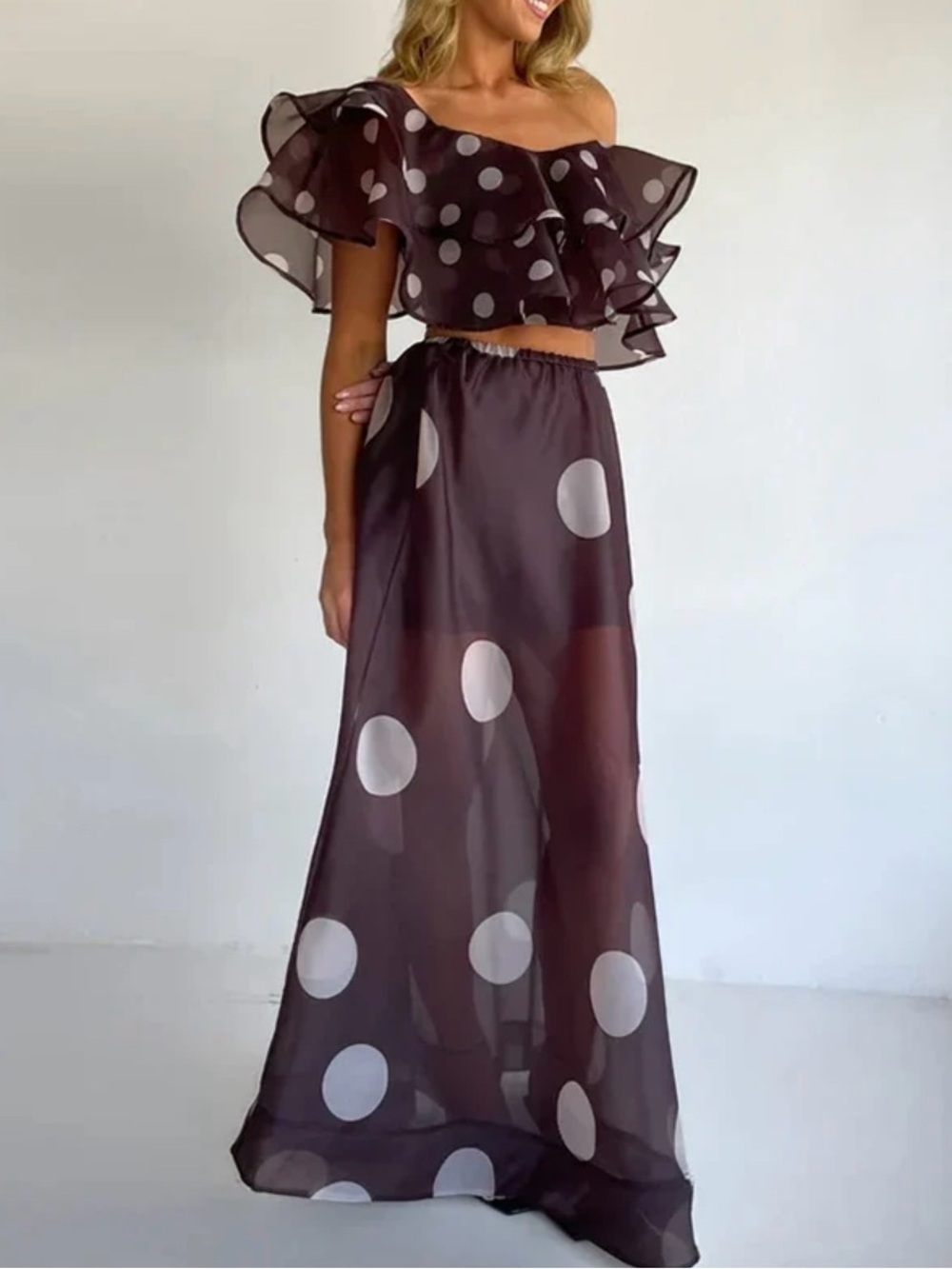 Off-Shoulder Polka Dot Maxi Skirt Set - Black with White Dots